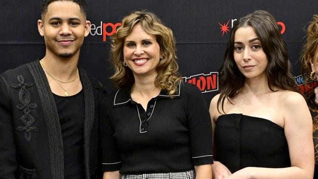 The Penguin show runner Lauren LeFranc (centre) with actors Rhenzy Feliz and Cristin Milioti during New York Comic Con 2024 in New York City. Picture: Getty