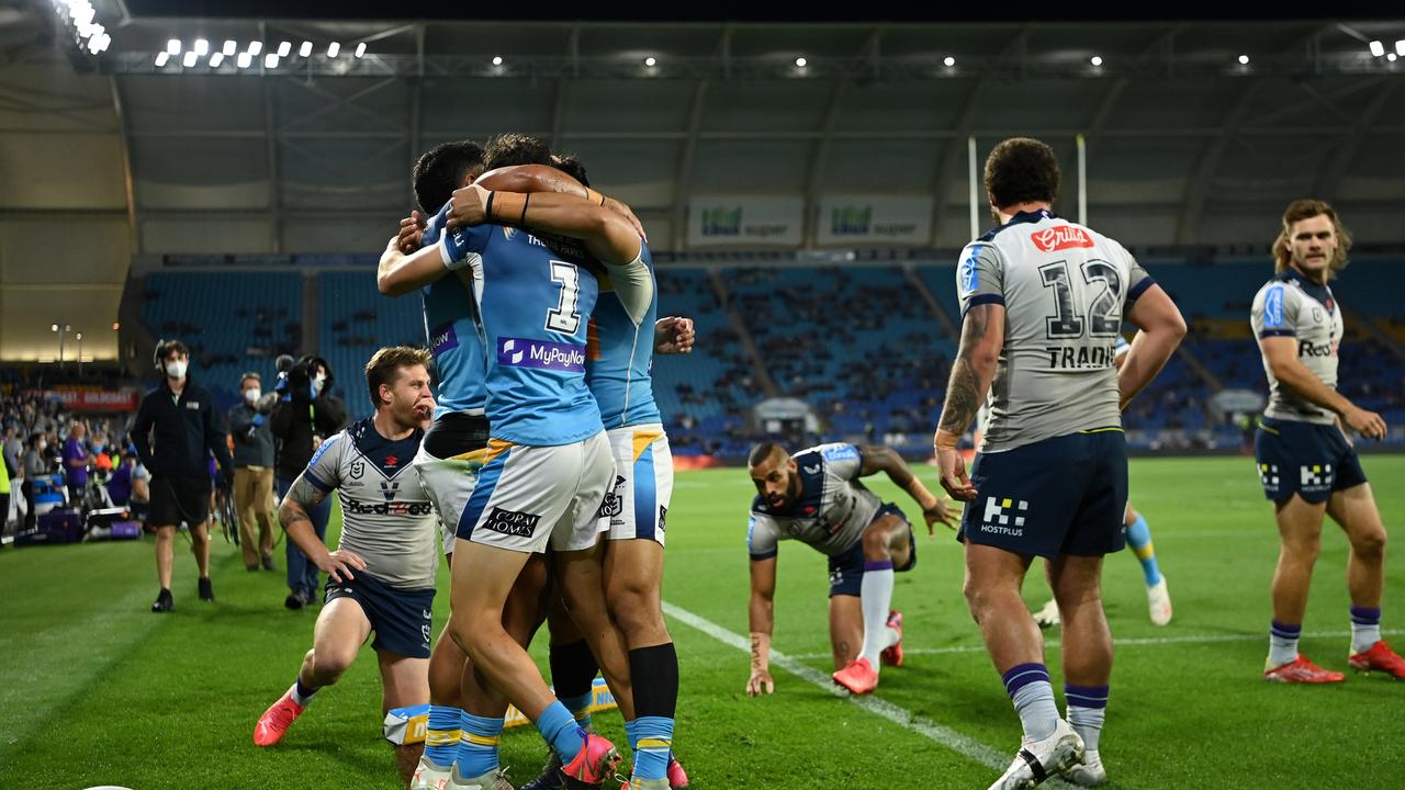 The Titans celebrate a try. Picture: NRL Images