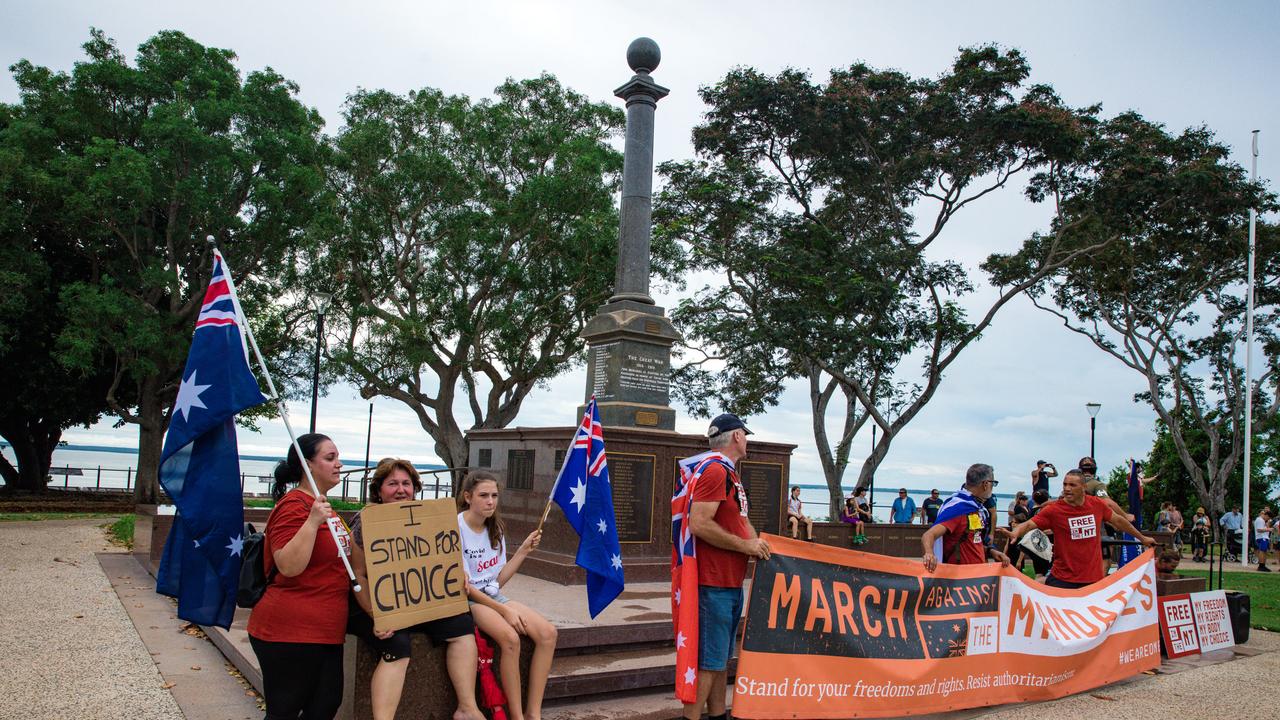 Protesters congregate at the Cenotaph at a Free in the NT march in Darwin. Picture: Glenn Campbell