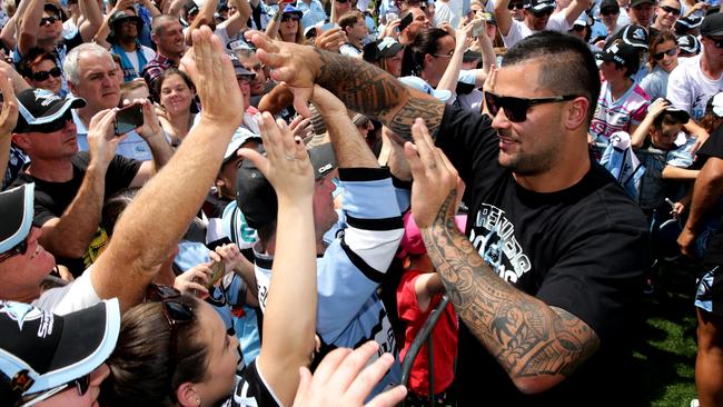 Andrew Fifita celebrates with supporters at the Sharks fan day on Monday. Picture: Gregg Porteous