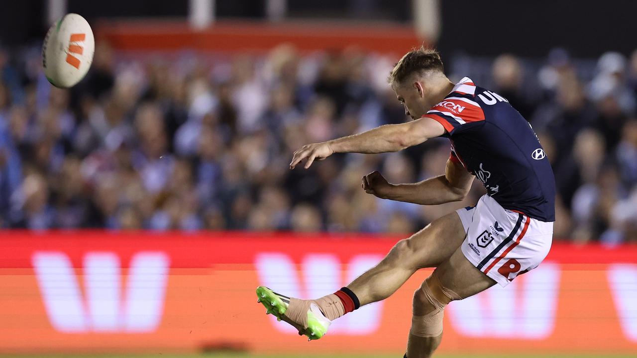 The moment Sam Walker nailed yet another field goal for the Roosters in the finals. Picture: Getty Images.