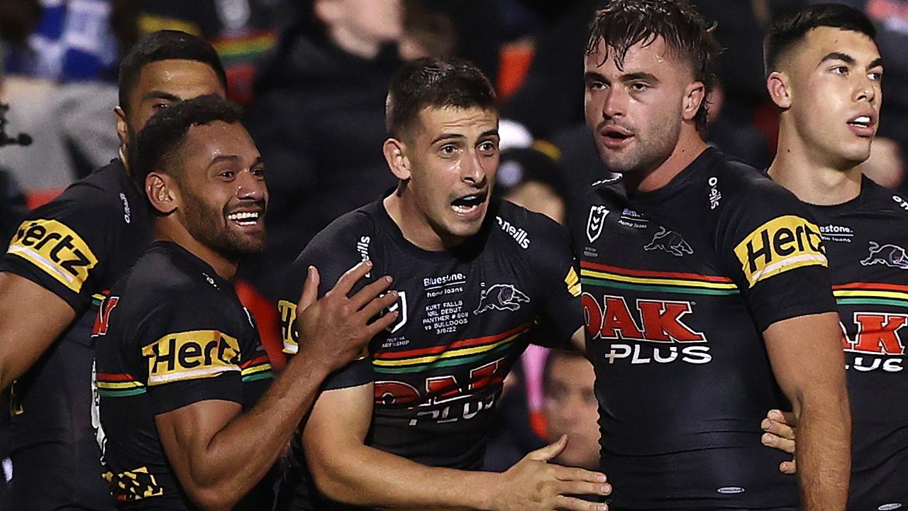 Kurt Falls (centre) enjoyed a brilliant debut, playing a hand in several tries. Picture: Getty Images.