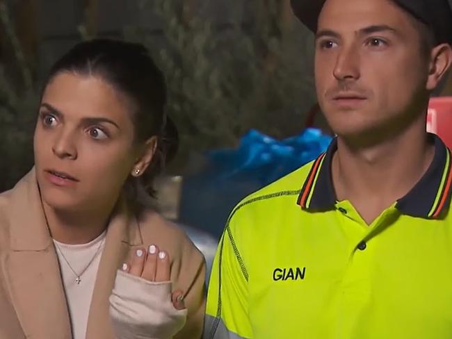 Steph and Gian the moment they hear their ceiling collapsing. Picture: Channel Nine