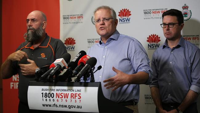 Prime Minister Scott Morrison at NSW RFS headquarters on Sunday. Picture: Jane Dempster