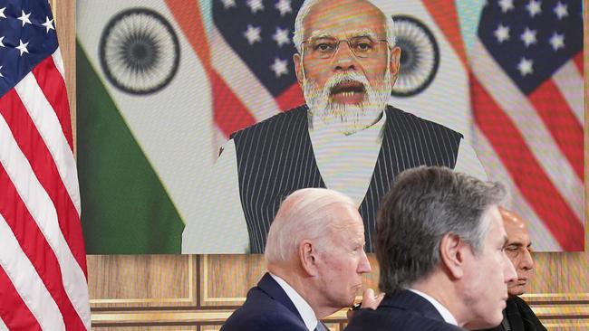 US President Joe Biden alongside US Secretary of State Antony Blinken takes part in a virtual meeting with India's Prime Minister Narendra Modi. Picture: AFP