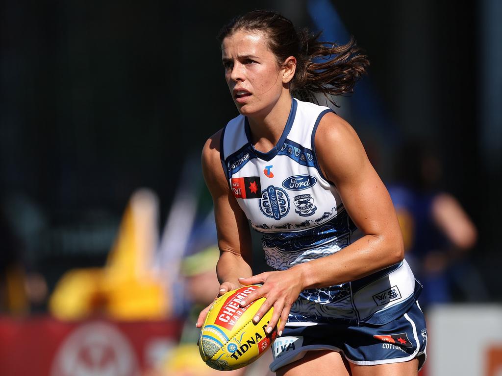 Irish recruit Anna-Rose Kennedy has cemented a sport in Geelong defence in 2024. Picture: Will Russell/AFL Photos via Getty Images