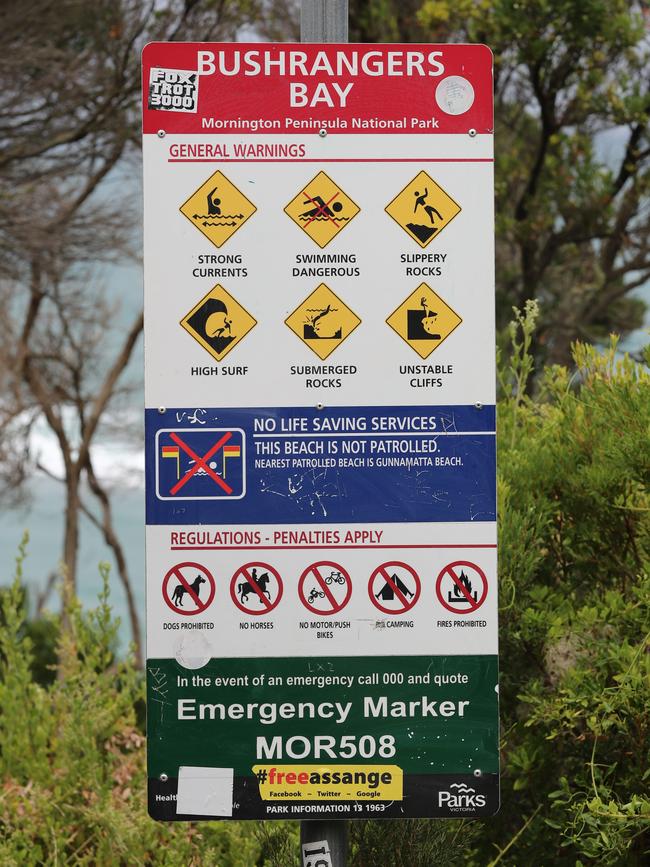 A warning sign at Bushrangers Bay. Picture: Alex Coppel