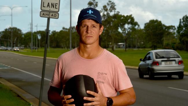 Brad Wilton at the site on Dalrymple Road where he and a group of other cyclists were hit by a car. Picture: Evan Morgan