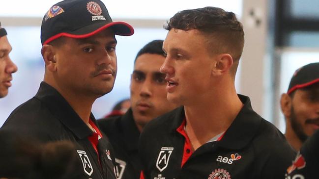 Latrell Mitchell and Jack Wighton claim they remain close friends despite the altercation. Picture: John Grainger