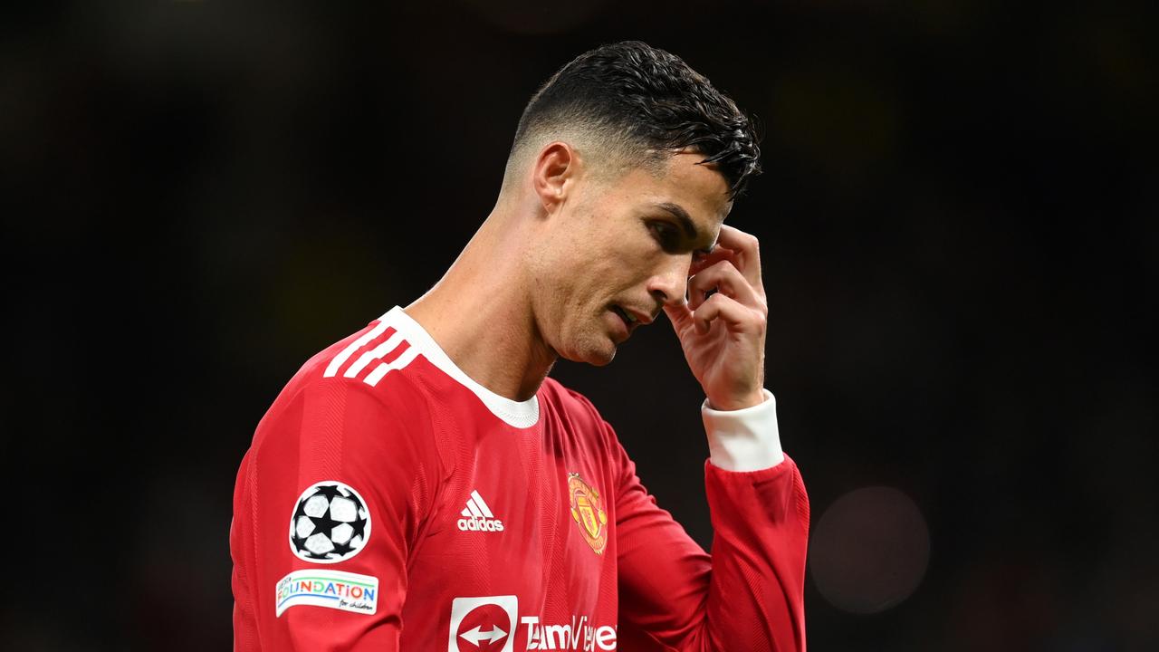 MANCHESTER, ENGLAND - SEPTEMBER 29: Cristiano Ronaldo of Manchester United looks on during the UEFA Champions League group F match between Manchester United and Villarreal CF at Old Trafford on September 29, 2021 in Manchester, England. (Photo by Michael Regan/Getty Images)