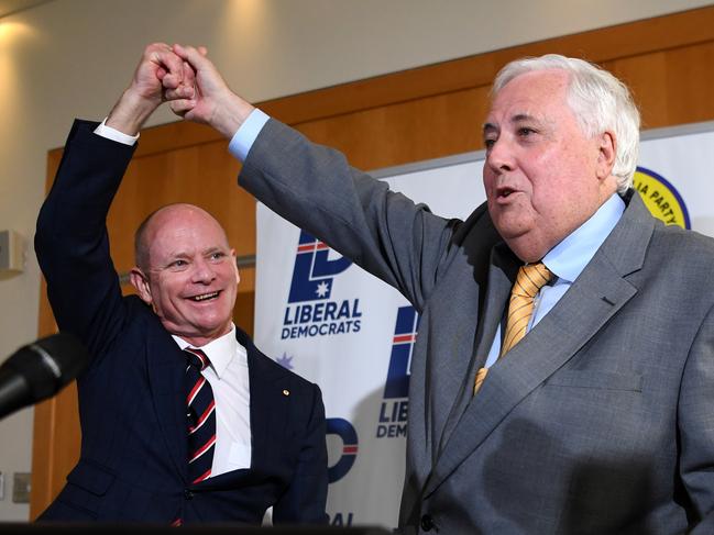 BRISBANE, AUSTRALIA - NewsWire Photos - NOVEMBER 23, 2021. United Australia Party leader Clive Palmer (right) and Liberal Democrats senate candidtae Campbell Newman are seen during a press conference in Brisbane. The two parties announced a preferences exchange deal ahead of the next federal election.Picture: NCA NewsWire / Dan Peled