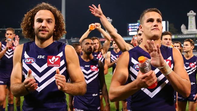 Harley Balic, right, celebrates a Dockers win. Picture: Getty Images