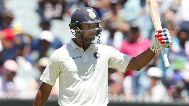 Mayank Agarwal celebrates bringing up 50 on debut. Picture: Michael Klein