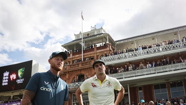 Ben Stokes speaks to Pat Cummins after play. Picture: Getty Images.