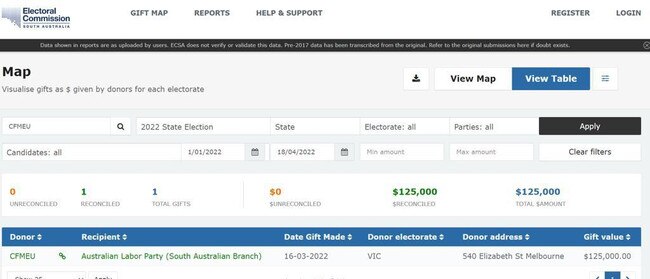 'Electoral Commission of South Australia records of CFMEU Victorian branch donations to SA Labor Party.