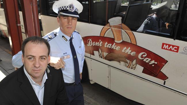 Ben Tuffnell with SA Police Superintendent Mark Fairney at the launch of a campaign called “Thinking about drinking, leave the car at home” in 2009, when Tuffnell was leading the Motor Accident Commission.