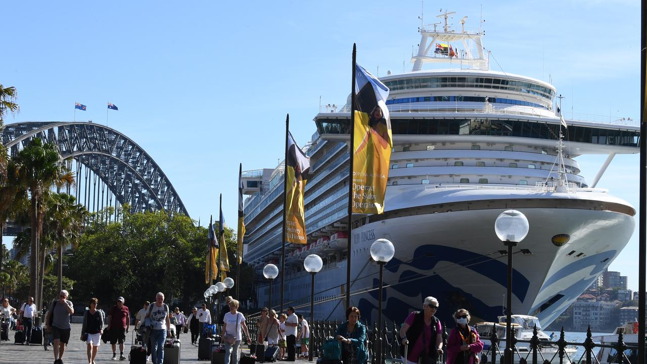 Cruise ship passengers disembark from the Princess Cruises-owned Ruby Princess at Circular Quay in Sydney last Thursday. Picture: AAP Image/Dean Lewins