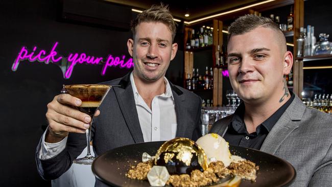 Infinite Dessert Bar at Palm Beach. Owners Matthew Hartnett holding a Golden Espresso Martini and Kye Sheehan with one of the opulent desserts . Picture: Jerad Williams