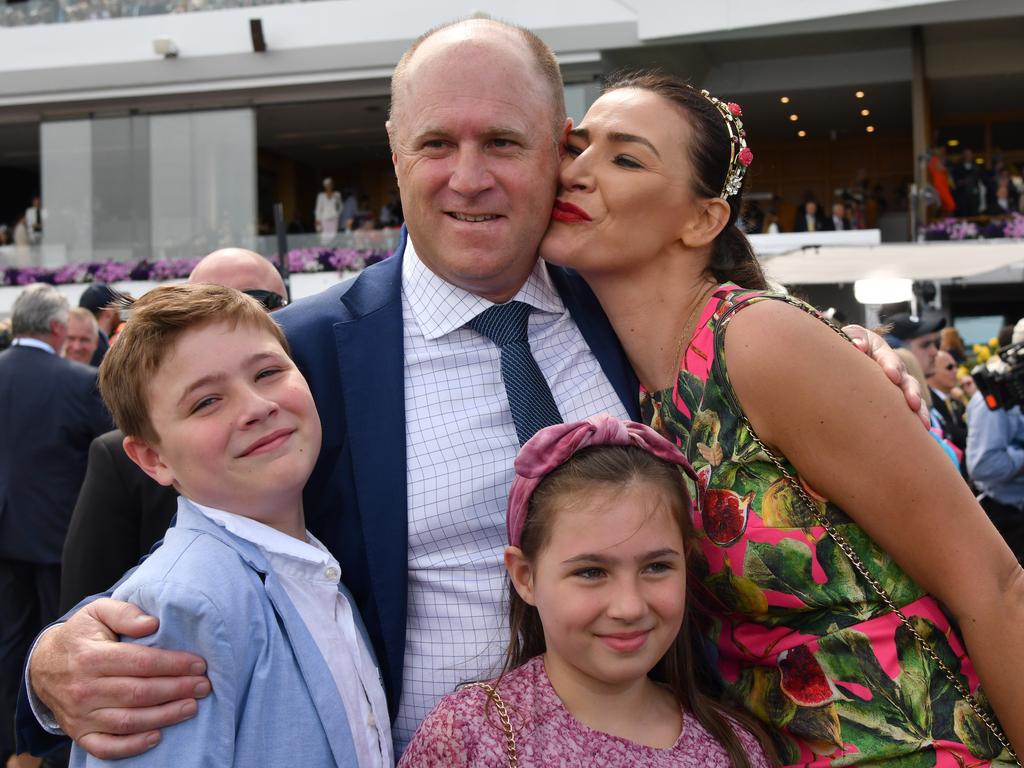 Trainer Danny O'Brien poses with wife Nina and children after Vow And Declare won the Melbourne Cup.