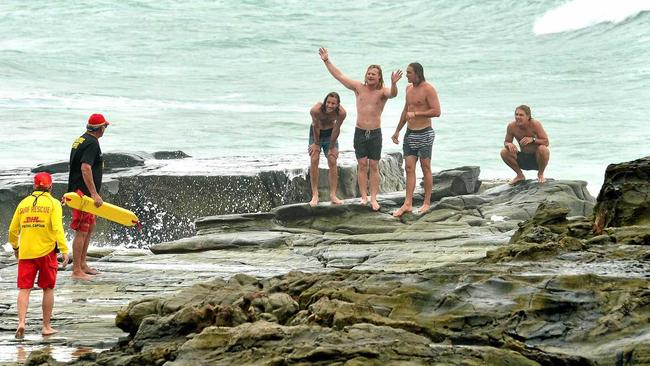 Four men at the north end of Mooloolaba swim in a dangerous situation and then abuse lifegueards when asked to leave the water. Picture: John McCutcheon