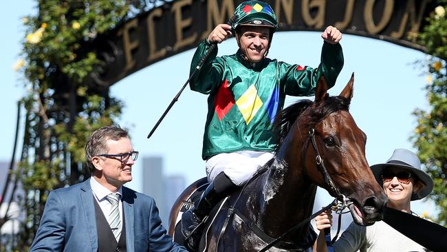 Trainer David Vandyke and jockey Ryan Maloney celebrate Alligator Blood’s victory in the Australian Guineas. Picture: Getty Images