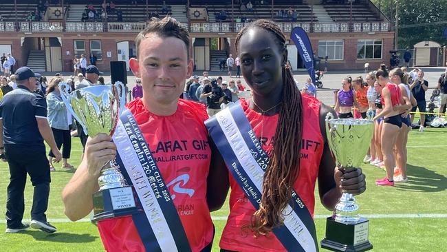 Jack Hale and Nyajima Jock celebrate winning the Ballarat Gift. Picture: Shane Jones.