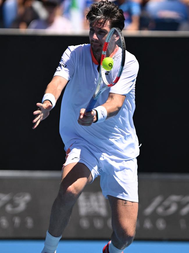 Cameron Norrie’s tattoo can be seen on his left thigh. Picture: Yuichi Yamazaki / AFP