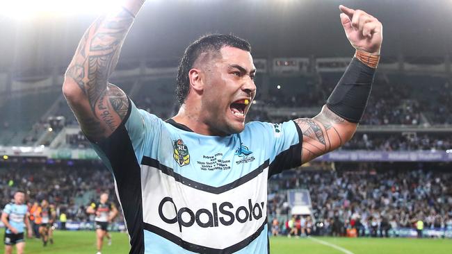 SYDNEY, AUSTRALIA – SEPTEMBER 14: Andrew Fifita of the Sharks celebrates victory during the NRL Semi Final match between the Cronulla Sharks and the Penrith Panthers at Allianz Stadium on September 14, 2018 in Sydney, Australia. (Photo by Mark Kolbe/Getty Images)