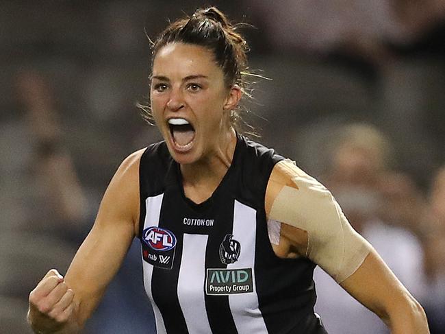 AFLW. Round 4. 28/02/2020. Collingwood v Melbourne at Marvel Stadium.   Collingwoods Sharni Layton celebrates a 2nd qtr goal    . Pic: Michael Klein