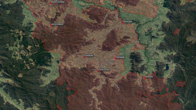 The fire damage over the Corryong area. Picture: Digital Agriculture Services