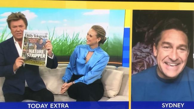 Jamie Durie on the Today Show this morning with Richard Wilkins holding The Daily Telegraph front page.