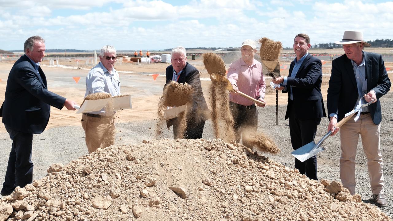 Turning the sod of the Regional Trade Distribution Centre at Wellcamp Business Park are (from left) Joe, Neill and John Wagner, with Deputy Premier Steven Miles, Treasurer Cameron Dick, and Denis Wagner. Picture: Matthew Newton