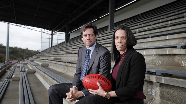 AFL CEO Gillon McLachlan and AFL Tasmania CEO Trish Squires. Picture: RICHARD JUPE