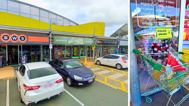 A shopping trolley is parked in front of a broke window at the Victoria Point shopping centre after a recent break in. Businesses were targeted in August and again on Saturday and again on Wednesday.