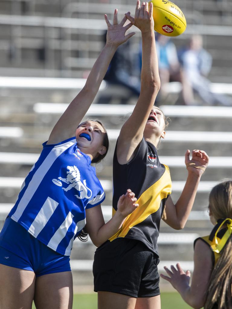 STJFL U14 A2, Kingborough Indy Hunt and Sandy Bay Zoe Garcia Ferreira at North Hobart. Picture: Chris Kidd