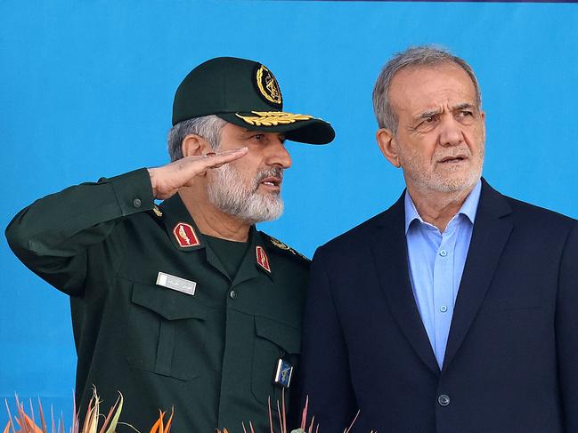 Iranian President Masoud Pezeshkian attends the annual military parade marking the anniversary of the outbreak of the 1980-1988 war with Saddam Hussein's Iraq, in Tehran. Picture: AFP