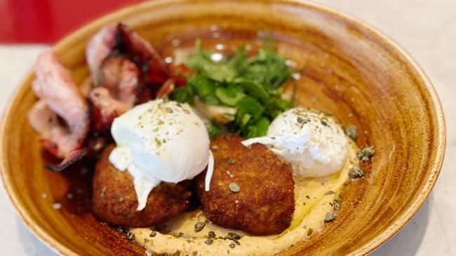 Fish cakes and poached eggs, plus bacon. Picture: Dianne Mattsson