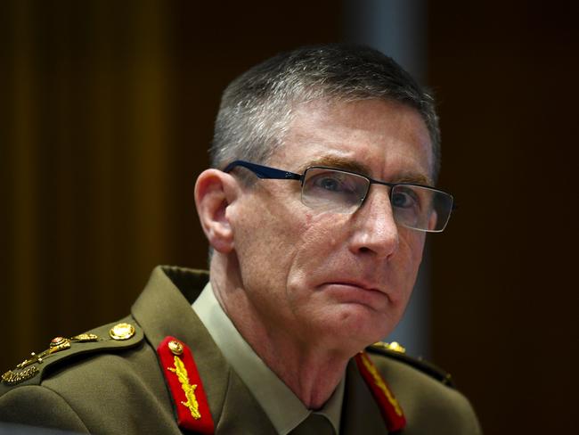 Chief of the Australian Defence Force (ADF) General Angus Campbell speaks during Senate Estimates at Parliament House in Canberra, Tuesday, June 1, 2021. (AAP Image/Lukas Coch) NO ARCHIVING