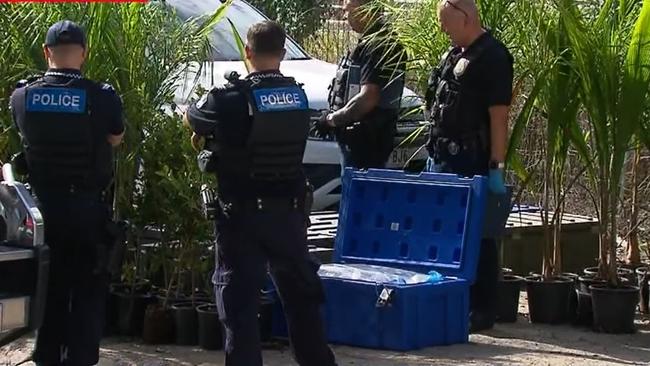 Police officers at a truck stopped in Elanora on the Gold Coast on Friday April 29, 2023, which was allegedly found to be carrying 136kg of cannabis. Picture: Nine Gold Coast News