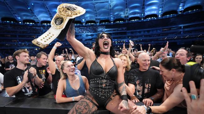 Adelaide’s Rhea Ripley celebrates with family and friends in the crowd at Perth’s Optus Stadium in February. Picture: WWE