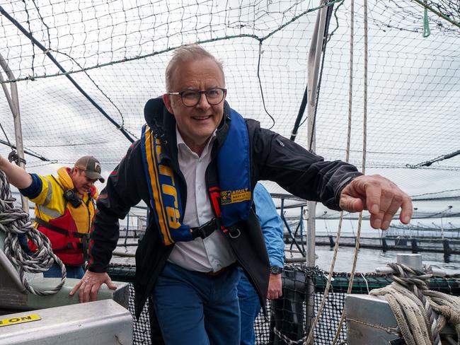 STRAHAN, TASMANIA, AUSTRALIA - NewsWire Photos - 14 DECEMBER, 2024: The Australian Prime Minister Anthony Albanese visits the Tassal salmon pens in Strahan, Tasmania. Picture: POOL / NewsWire