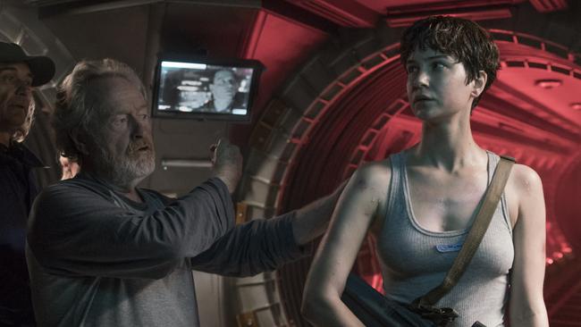 Director Ridley Scott with Katherine Waterston on the set of Alien: Covenant.