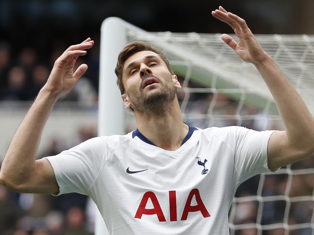 Tottenham Hotspur's Fernando Llorente reacts after missing a scoring chance during the English Premier League soccer match between Tottenham Hotspur and West Ham United at White Hart Lane in London, Saturday, April, 27, 2019. (AP Photo/Alastair Grant)