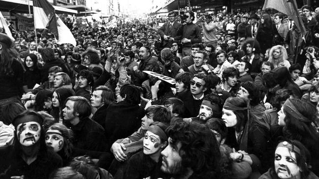 Vietnam Moratorium protesters in Melbourne’s Bourke Street in May 1970.