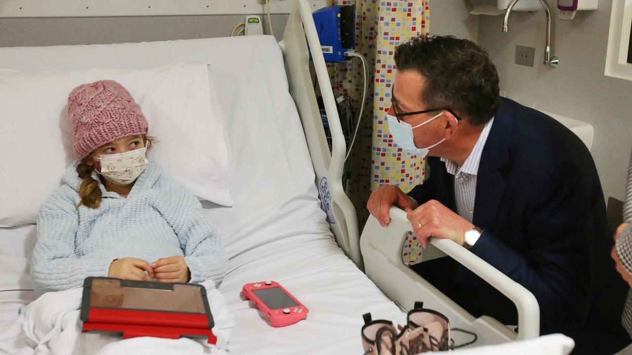 Paediatric patient Emily Cook chats with Premier Dan Andrews in Geelong. Picture: Alan Barber