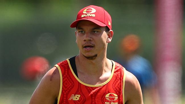 GOLD COAST, AUSTRALIA - NOVEMBER 25: Daniel Rioli during a Gold Coast Suns AFL training session at Austworld Centre Oval on November 25, 2024 in Gold Coast, Australia. (Photo by Chris Hyde/Getty Images)