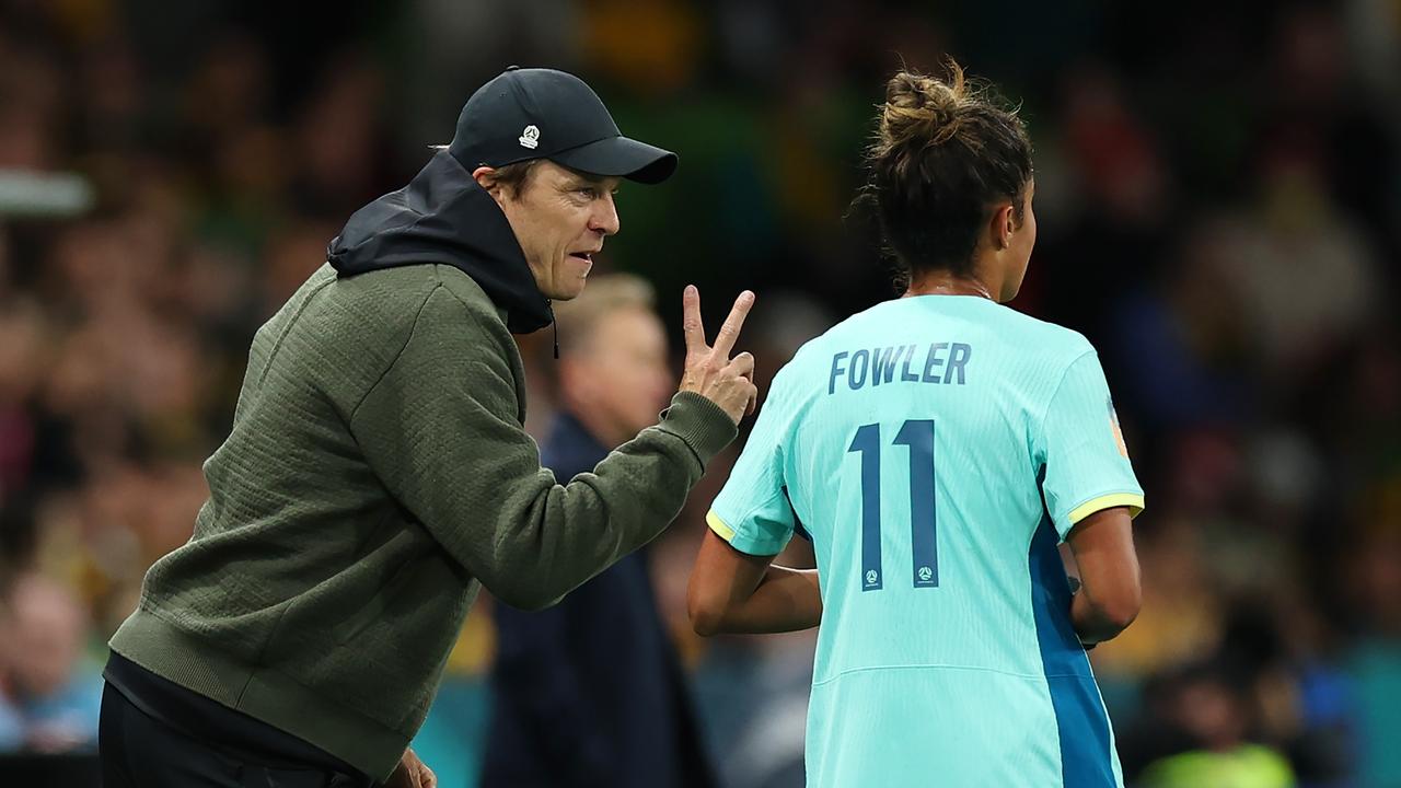 MELBOURNE, AUSTRALIA – JULY 31: Tony Gustavsson, Head Coach of Australia, instructs Mary Fowler during the FIFA Women's World Cup Australia &amp; New Zealand 2023 Group B match between Canada and Australia at Melbourne Rectangular Stadium on July 31, 2023 in Melbourne, Australia. (Photo by Cameron Spencer/Getty Images)