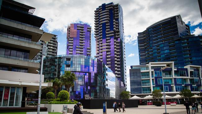 Photo: Hamish BlairA view of the outside of the building (purple buildings) during the first look at TheQuays luxury apartments in Docklands on October 15, 2013 in Melbourne, Australia