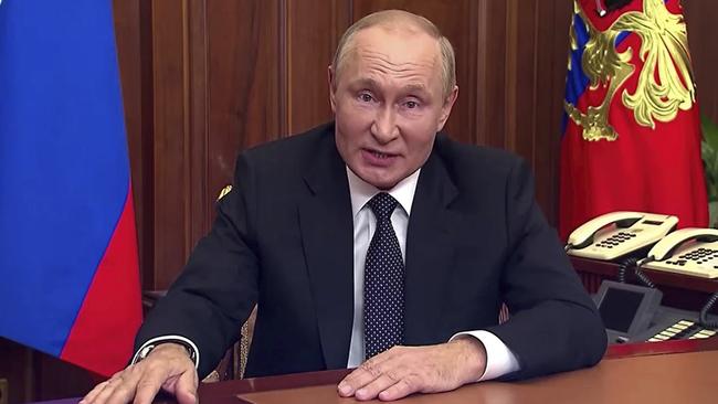 Russian President Vladimir Putin in Moscow during his nationally televised address on Wednesday. Picture: Reuters