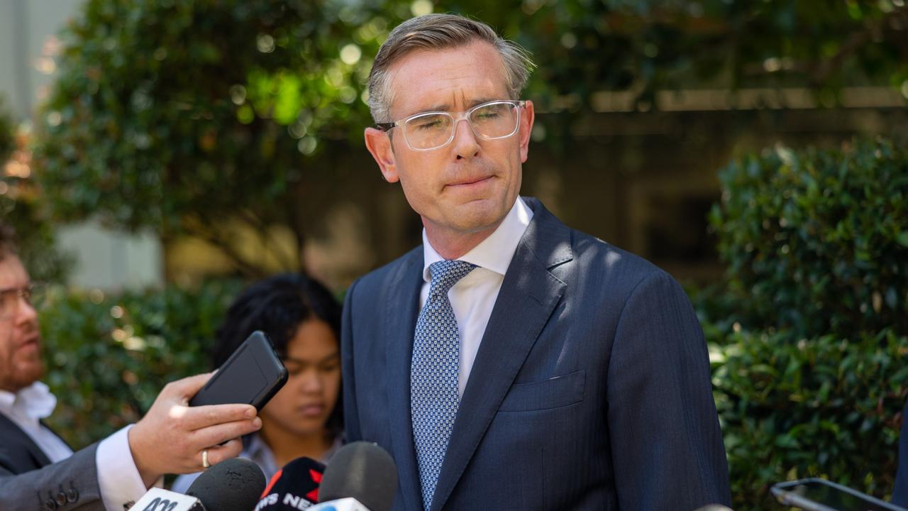 Mr Perrottet looked visibly distressed making the announcement. Picture: NCA NewsWire/ Seb Haggett